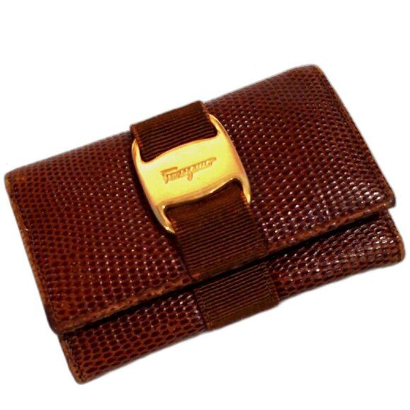 Salvatore Ferragamo Brown Vara Bow 6-Key Holder Case Gold Clasp Textured Leather - Picture 1 of 9